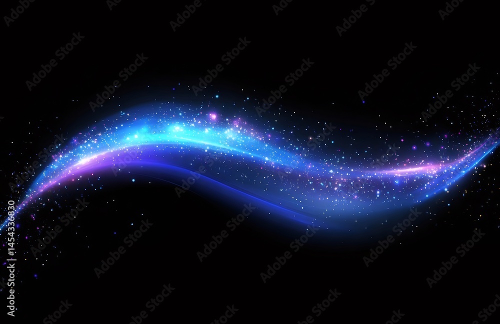 Poster 黒背景に輝く青紫色の光の波状デザイン 宇宙空間を表現した輝きの線と星の粒子