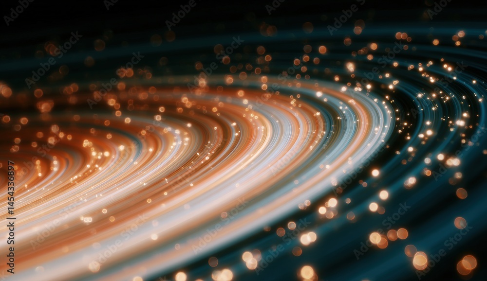 Poster abstract swirling light trails and bokeh particles create a dynamic, glowing pattern against a dark 