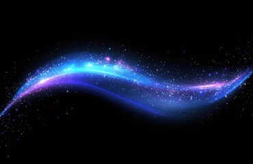 黒背景に輝く青紫色の光の波状デザイン 宇宙空間を表現した輝きの線と星の粒子