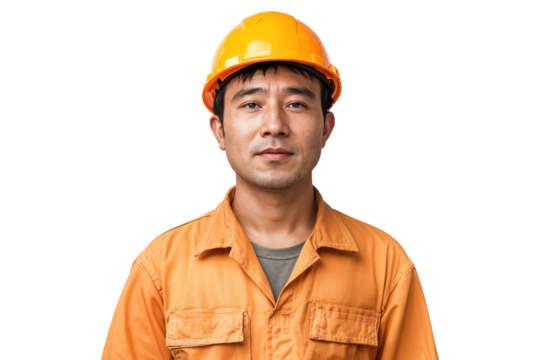 Portrait of a smiling construction worker in uniform and wearing a helmet, isolated on white background - Powered by Adobe