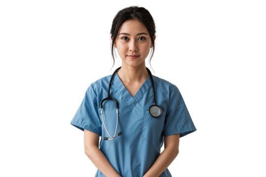 Portrait of a confident female nurse in blue scrubs with a stethoscope around her neck, isolated on transparent background - Powered by Adobe