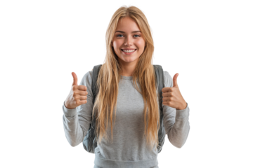 Happy young traveler woman with long blonde hair with a backpack, smiling and giving thumbs up, isolated on transparent background