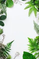 Fototapeta premium Minimal natural frame with fresh green leaves and botanical elements on white background