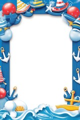 Obraz premium Nautical cartoon frame with sailing boats, anchors and ocean waves for kids
