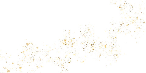 Gold glitter particles, glow, shimmer, splatter. Festive golden decoration, isolated on transparent background