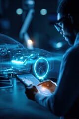 Auto engineer next to a holographic model of a car. Innovative technologies in the development of car design. A stunning holographic model illustrates the engineer's dedication to design.