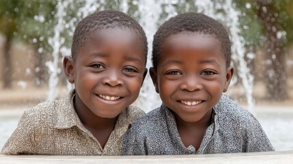 Smiling children enjoying fresh groundwater in Africa during a sunny day in the village
