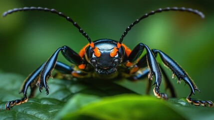 Fototapeta premium Close-up of a colorful beetle on a vibrant leaf in a lush green forest