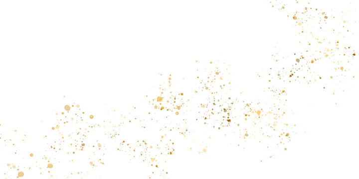 Gold glitter particles, glow, shimmer, splatter. Festive golden decoration, isolated on transparent background