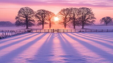 Sunrise Winter Field Trees Long Shadows Snowy Landscape