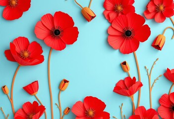 Vibrant red poppy flowers paper cut, soft blue background,  cut paper art, cutout