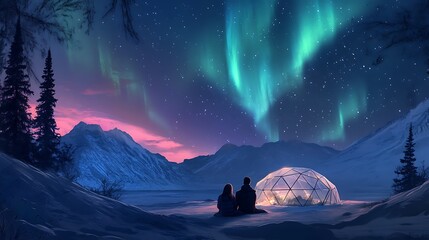 Couple sits by igloo under aurora borealis.