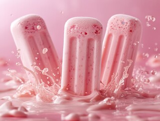 Obraz premium Three pink popsicles in a splash of liquid creating water droplets