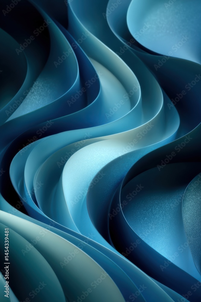 Poster abstract waves of blue paper create a layered, flowing pattern with smooth curves and gradients.