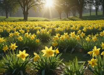 Obraz premium Sunlit daffodils burst forth in vibrant yellow against a lush green field , flowers, sunlit