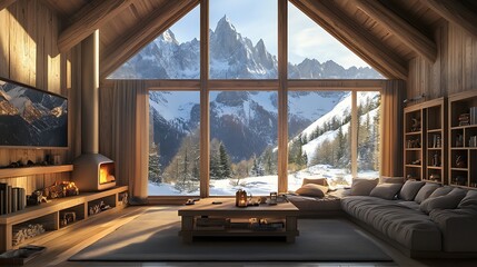 Rustic mountain home interior with panoramic views.