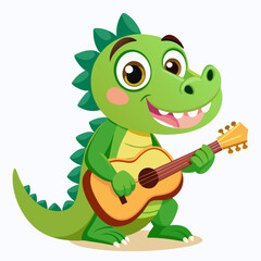 Cute Cartoon Baby Dragon Playing Acoustic Guitar