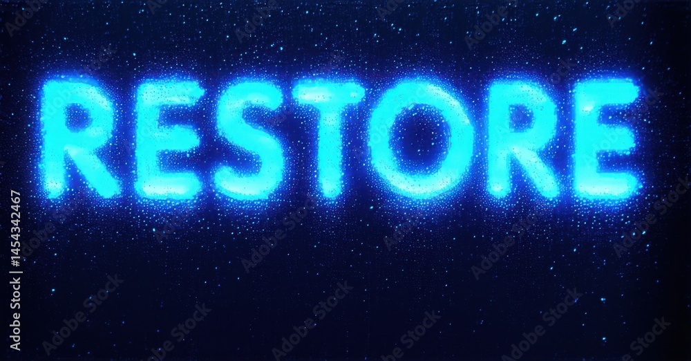 Aufkleber Bright blue text spells RESTORE against dark background. Glittering particles create dynamic visual effect. Simple, impactful design.