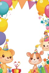 Naklejka premium Cute cartoon birthday animals with balloons and gifts frame background