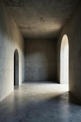 Obraz premium Empty Concrete Room with Arched Doorways and Light Streaming In