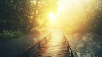 Peaceful scene of a wooden footbridge crossing a foggy river, trees and sunlight glowing in the mist