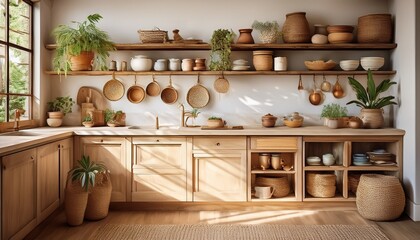 Boho-Küche mit offenen Regalen und Messing-Details