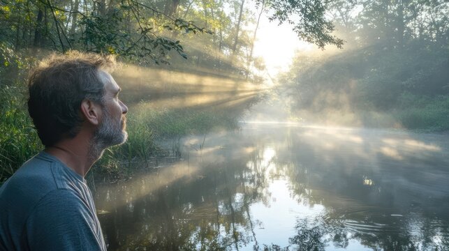 Portrait of a man looking out over a forest river, sunbeams filtering through the fog, trees reflecting in the water