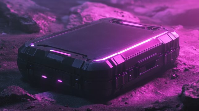 Futuristic black case on pink rocks