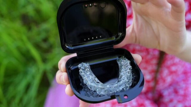 Dental care. Smiling beautiful girl keeps aligners in a container outdoors. Plastic retainers for teeth alignment.