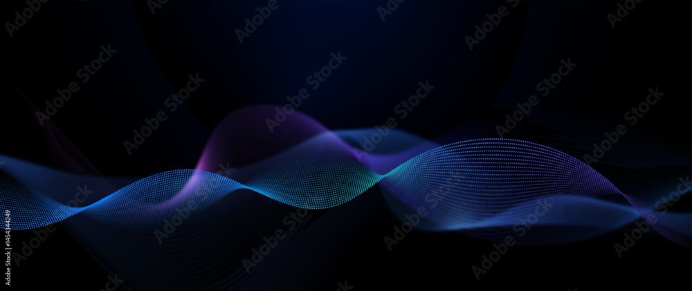 Leinwandbilder vector abstract flowing wave line, particle dot pattern, neon light on dark blue gradient background