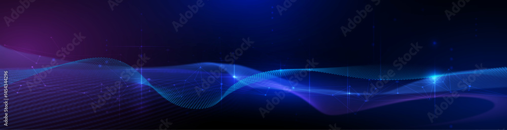 Leinwandbilder Vector illustration abstract technology with molecule, Flowing dot particle wave flow line, wireframe and dot on blue background. Datum technology network, science, artificial intelligence concept
