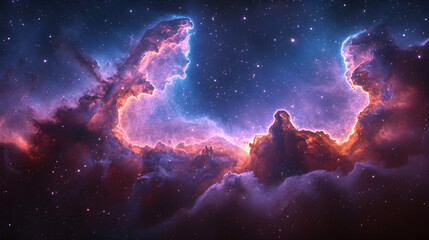 Fototapeta premium Astronaut silhouette observing a glowing purple-blue nebula in a star-filled night sky