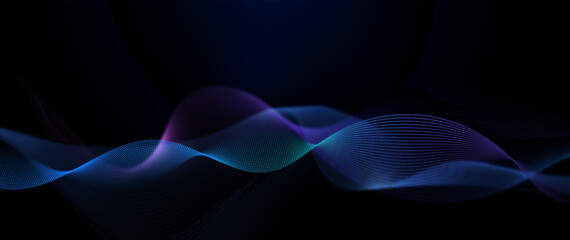 Vector Abstract flowing wave line, particle dot pattern, neon light on dark blue gradient background. Modern futuristic design, particles wave data for background. Network, science, technology concept