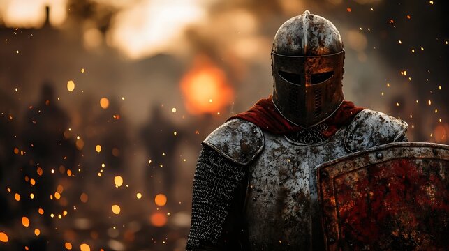 An armored knight stands ready on a battlefield amidst fire and the silhouettes of soldiers.