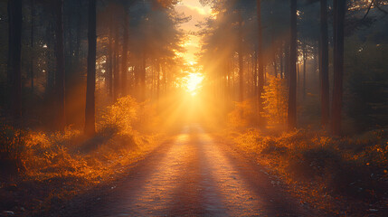 Autumn forest path illuminated by golden sunlight