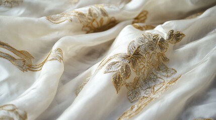 Elegant White Fabric with Golden Embroidered Floral Design Background