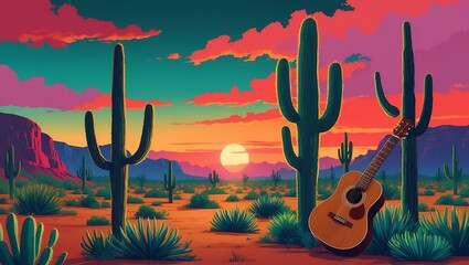 Vibrant Desert Sunset Landscape with Saguaro Cacti and Acoustic Guitar