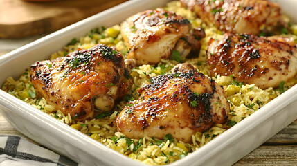 Baked chicken thighs over rice with vegetables.  Golden-brown, glazed chicken thighs rest atop a bed of fluffy rice and vegetables.  Sprinkled with fresh herbs