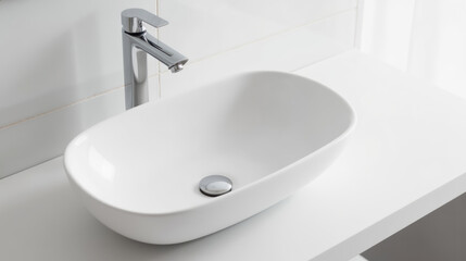 Fototapeta premium Modern sink white basin chrome faucet bathroom fixture minimalist design contemporary style clean lines elegant appearance home decor stylish