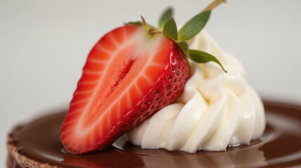 Delicious dessert featuring fresh strawberry atop creamy whipped topping, surrounded by rich chocolate. Perfect for sweet indulgence
