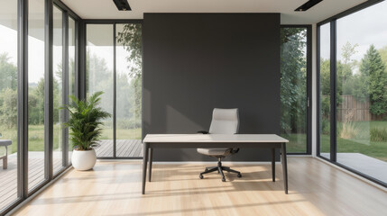 modern office space featuring sleek desk and ergonomic chair, surrounded by large windows that offer view of greenery, creating serene atmosphere