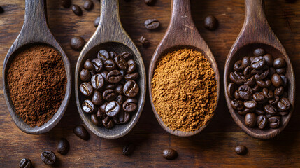 Coffee beans and grounds arranged on rustic spoon over wood
