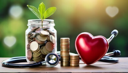a jar of coins with a green plant and a red heart symbolizes a blend of financial health and emotional well being alongside a stethoscope suggesting care
