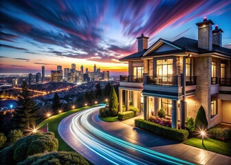 Fototapeta premium Glowing Cityscape at Night: Modern Mansion Long Exposure
