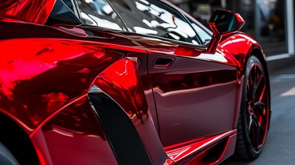 Sleek allure of a red supercar's reflective surface capturing light and shadow