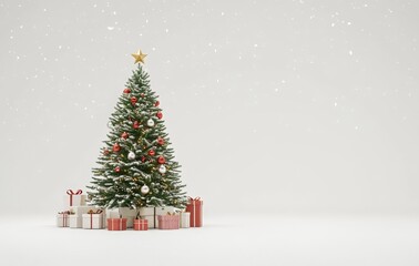 Obraz premium High-resolution, hyper-realistic illustration of a Christmas tree adorned with lights and set against a simple white background. Snow is gently falling around the tree, which is surrounded by gifts. T