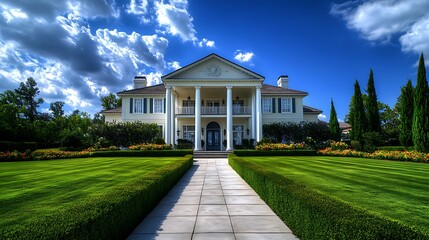 Obraz premium Grand white estate house with manicured lawn and walkway.