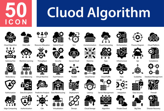 Cluod Algorithm Icon Collection Set. Cloud Algorithm,Data Lake,Resource Allocation,Hybrid Cloud,SLA,Containerization ,Cloud  Computing,Orchestration,Process Diagram , Icon Symple Glyph Vector