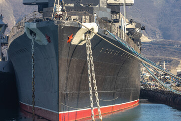 The museum ship is moored at the eternal parking lot in the port of Novorossiysk. A Soviet cruiser...