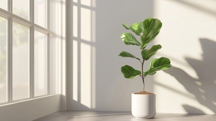 Sunlight streams on potted fiddle-leaf fig